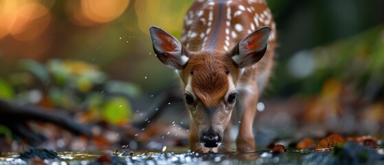 Obraz premium Serene Fawn Quenching Thirst at Crystal Clear Stream