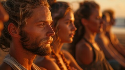 Fototapeta premium Yoga Harmony: Sunrise on the beach finds friends practicing yoga with serene faces, their peaceful poses embodying the balance between health and happiness. 