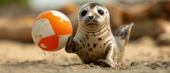 Cute Baby Seal Having Fun with Colorful Beach Ball on Sandy Beach