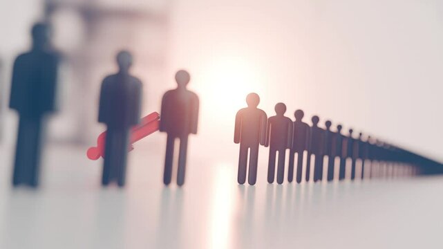 Metal ball hits figurines in a row, symbolizing layoffs, crisis, and harsh corporate decisions &ndash; 3D render