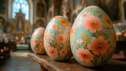 A close-up of three beautifully painted Easter eggs on a wooden bench inside a church.