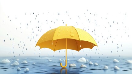 Yellow Umbrella with rain and clouds vector 3d design on color background,Yellow parasol illustration with thunderstorm,rainny day,Clouds,lightning and raindrops in sky,Monsoon sale,banner template.