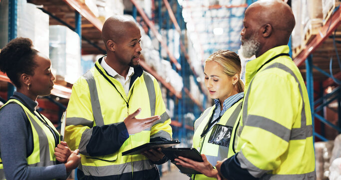 Warehouse, planning and people with tablet in meeting for inventory checklist, inspection and update. Dropshipping, storage and worker with tech by shelf for stock, export and operations management