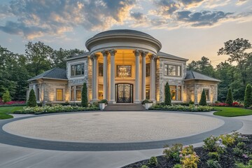 A grand, modern mansion featuring classical architecture and lush landscaping.