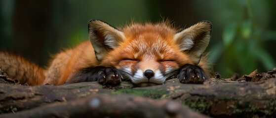 Obraz premium Peaceful Baby Fox Sleeping Soundly in Cozy Den Surrounded by Nature's Warmth