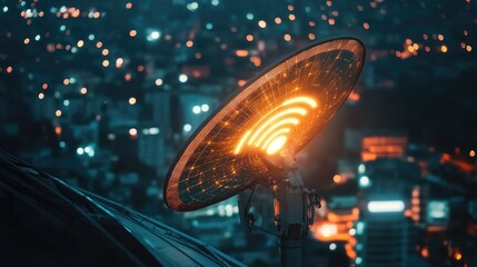 A satellite dish on a rooftop with a glowing network symbol, indicating internet connection.