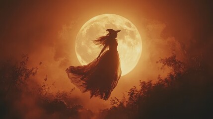 Mystical witch silhouette against full moon in enchanting night scene