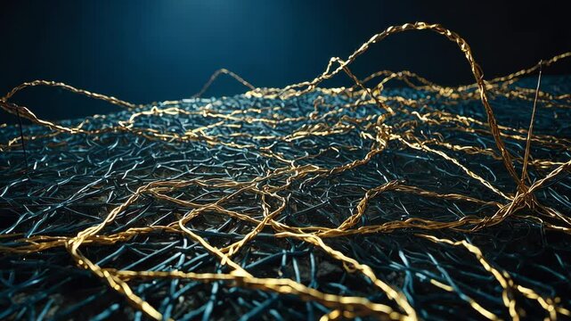 Video footage of network of intertwined golden and silver strands against a dark background