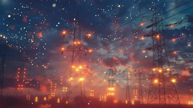 Electricity transmission towers with orange glowing wires the starry night sky. Energy infrastructure concept, energy, electricity, voltage,
