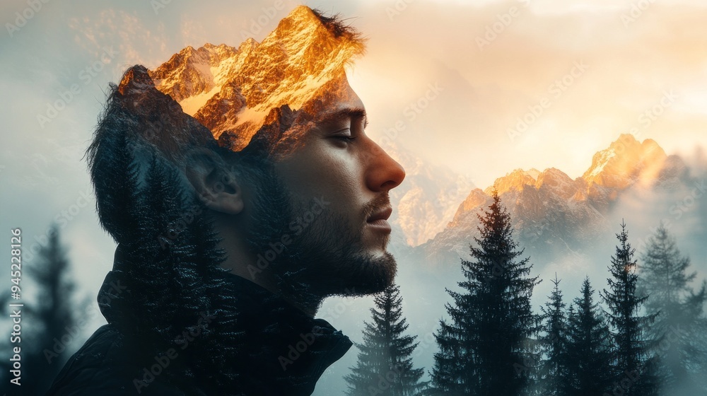 Poster a man's face is shown in a photo with mountains in the background