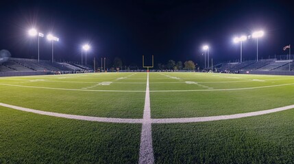 Fototapeta premium A wide-angle view of a football field under stadium lights, with crisp white lines and goalposts.