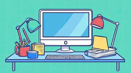 A workspace with a computer and study materials, representing online education.