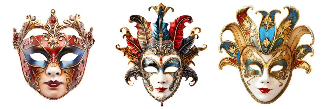 Collection of venician carnival masks set on transparent background. Generative ai design concept.