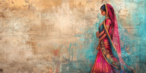 Vibrant Madhubani Art: Colorful Traditional Indian Woman in Sari. Cultural Heritage Illustration for Graphic Design, Advertising, and Marketing. Elegant Ethnic Artwork with Textured Background and Min