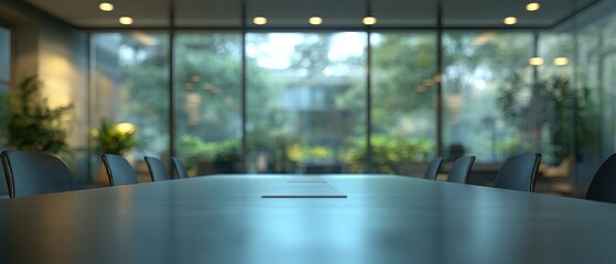The contemporary office features a spacious meeting room visible in the blurred background, complemented by large windows and a minimalistic design