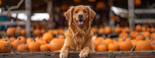 dog with pumpkins on blurred autumn food market background , fall and harvest aesthetic. Halloween and thanksgiving holiday. banner