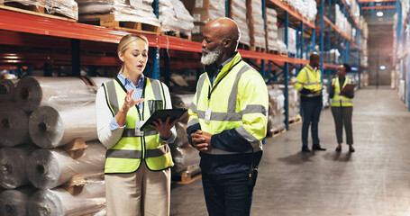 Business people, distributor and inventory with tablet for checking stock, distribution or...