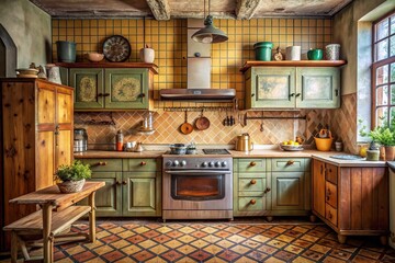 Cozy vintage kitchen showcases distressed wooden cabinets, worn ceramic tiles, and simple retro appliances, evoking a sense of warmth and nostalgic simplicity.