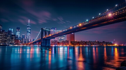 "Bridge at Night Over City River Skyline