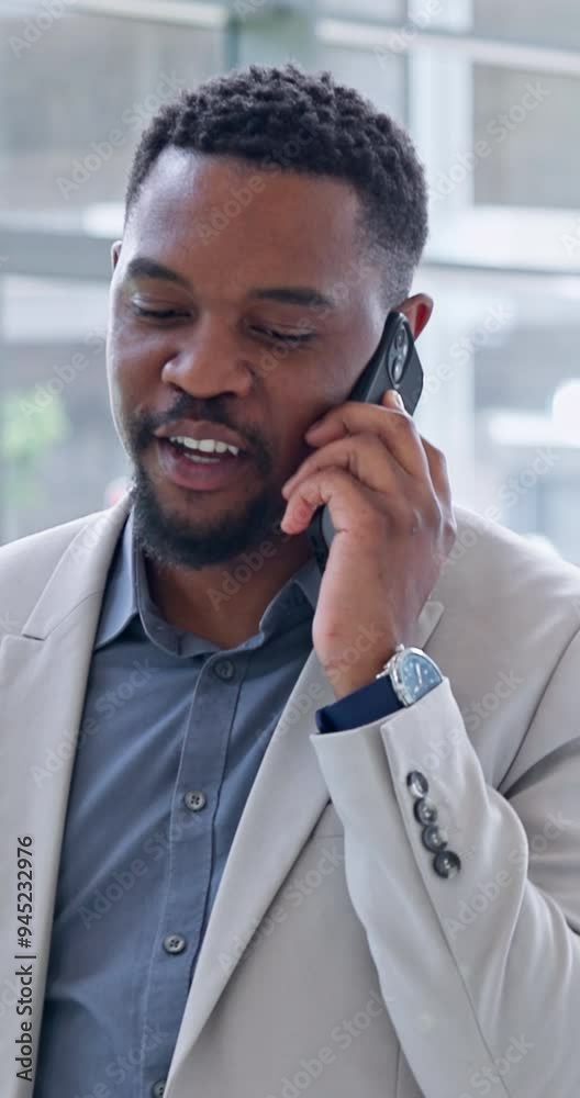 Poster office, walking and black man with phone call for discussion, networking and negotiation with client
