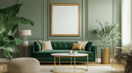 Luxurious living room in a home featuring a mock-up poster frame, green velvet sofa, coffee table, pouf, gold décor, plant, lamp, carpet, and tasteful accessories. model.
