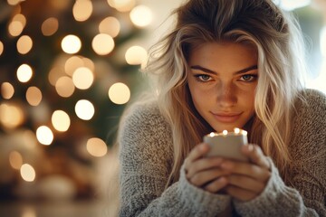 A contemplative woman in a cozy sweater gently holds a lit candle, surrounded by warm holiday lights, reflecting peacefulness and the soft glow of the festive season.