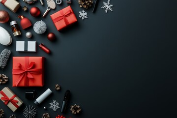 Obraz premium An array of Christmas gifts and decorations, including red presents, pine cones, and ornaments, spread out on a sleek black background, creating a festive and modern aesthetic.