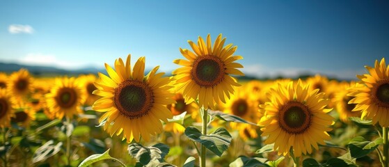 Majestic Sunflower Field Under Clear Blue Sky - Stunning View of Vibrant Yellow Flowers in Full Bloom