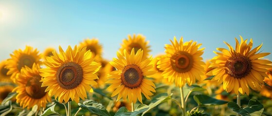 Sunflower Bliss: Stunning Field of Vibrant Yellow Flowers Against Clear Blue Sky