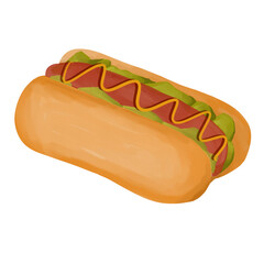 Watercolor hotdog with mustard sauce for fast food icon menu 