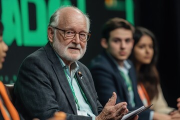 Image shows an elderly man with a white beard and glasses speaking at a panel discussion. He is joined by three other panelists in the background, two men and one woman,