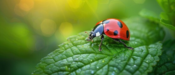 Fototapeta premium Macro Close-up of Ladybug with Red and Black Spots on Green Leaf with Blurred Foliage Background