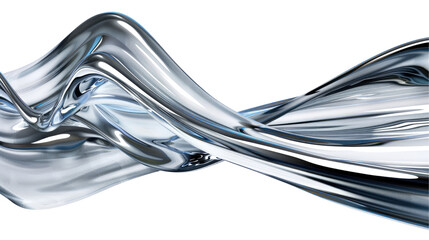 Abstract silver liquid flowing in wave pattern on transparent background.
