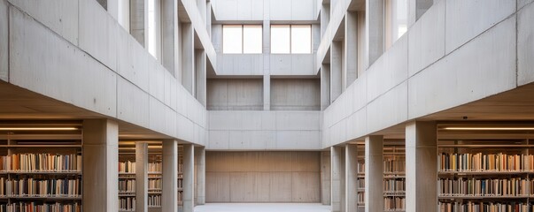 Obraz premium A Neo Brutalist library with massive, monolithic concrete walls and minimal windows, Neo Brutalism, library, monolithic