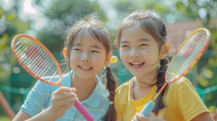 Two Happy Girls Playing Badminton