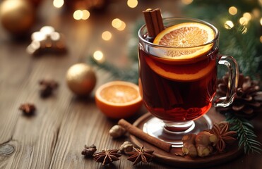 Warm spiced wine with citrus, ginger, and cinnamon in a festive Christmas table setting