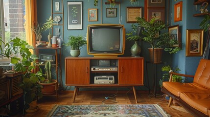 A cozy living room styled with vintage furniture from the 90s, featuring a retro television set and cassette tapes, evoking the new nostalgia