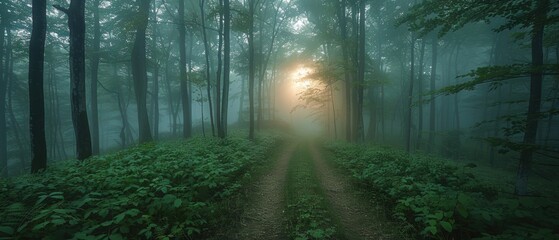 Naklejka premium Enchanted Morning Stroll Through Misty Forest - A Serene Path with Sunlit Trees vanishing into Foggy Atmosphere.