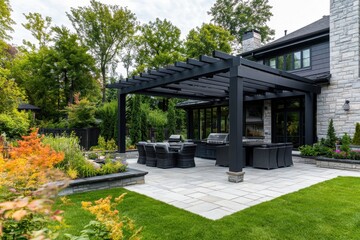 A stylish outdoor patio with a pergola, seating, and greenery for relaxation and entertainment.
