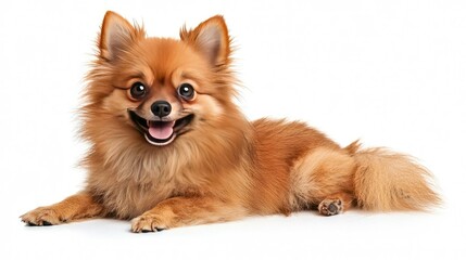 Obraz premium A Smiling Pomeranian Dog Lying on a White Background