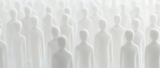 A group of featureless, white human-like figures standing together. Minimalist silhouettes create a sense of anonymity and uniformity within a crowd. Generative AI