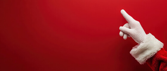 Santa Claus, pointing with the index finger against a solid red background. The hand is positioned at the right edge of the frame, a minimalist composition with a strong Christmas theme. Generative AI