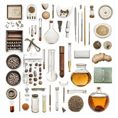 A collection of laboratory glassware, tools, and natural materials for scientific exploration.