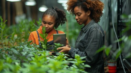 Fototapeta premium Women in Greenhouse Analyzing Plants