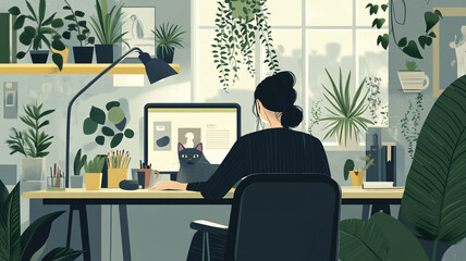 Fototapeta premium A person working from home with a cat in a cozy office filled with plants during a sunny day