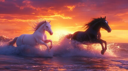 Fototapeta premium A dramatic scene of two wild horses, one white and one black, galloping through the ocean waves during a vibrant sunset