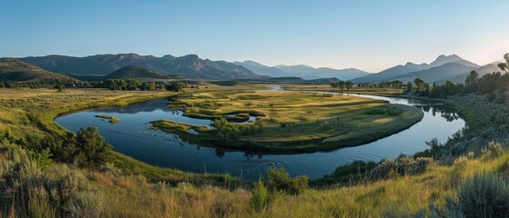 Fototapeta premium Serene River Cutting Through Verdant Valley with Majestic Mountains in the Distance