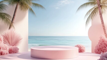 Obraz premium photograph of 3D render, minimal Summer background with empty podium or pedestal platform for showing product, cosmetic scene for mock up, beach swim elements decoration