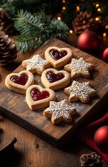 Fototapeta premium Heart and star shaped Linzer cookies with jam filling, dusted with sugar, on a rustic board