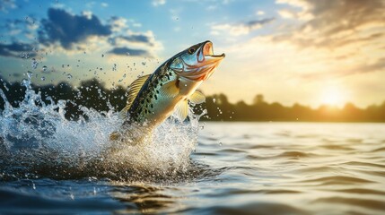 Obraz premium photograph of Close up of Fish jumping over the surface water in lake with splashing of water and beautiful sky background, fishing on lake concept
